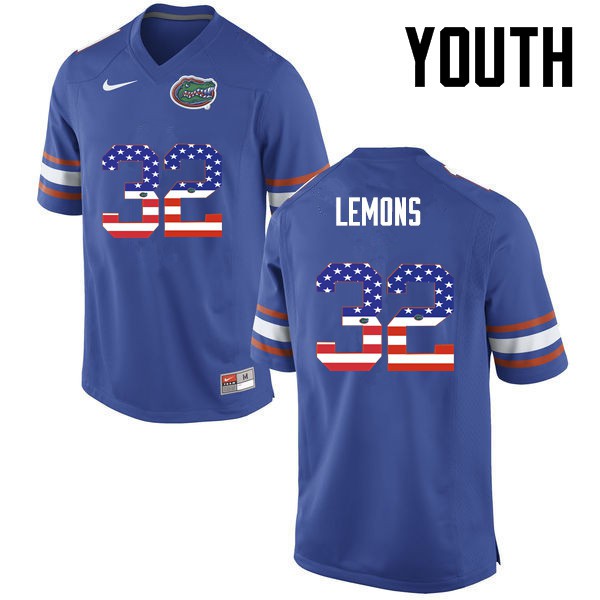Florida Gators Youth #32 Adarius Lemons College Football USA Flag Fashion Blue